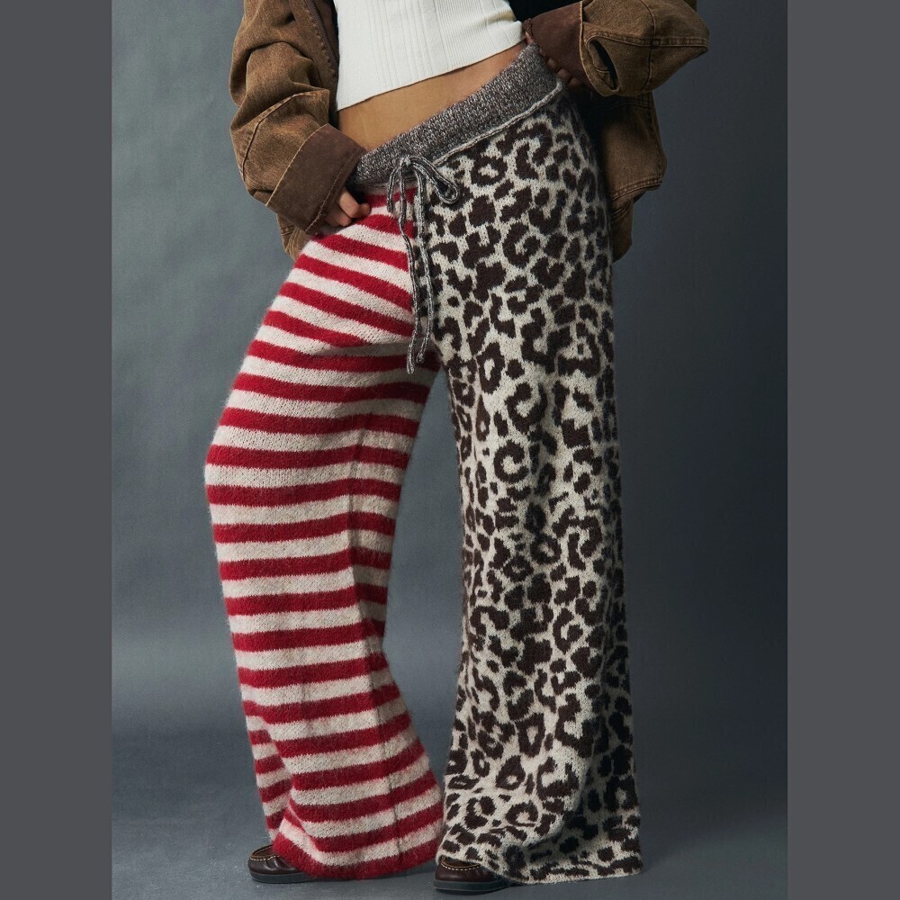 Brown Leopard Red Stripe Patchwork Colorblock Knit Wide Leg Sweater Pants